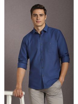 Louis Philippe - Men Cotton Solid Collar Neck Slim Fit Blue Shirt