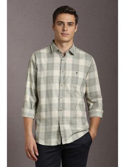 Louis Philippe - Men Cotton Checks Collar Neck Slim Fit Beige Shirt