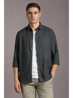 Louis Philippe - Men Cotton Textured Collar Neck Slim Fit Grey Shirt