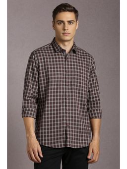 Louis Philippe - Men Cotton Checks Collar Neck Slim Fit Brown Shirt