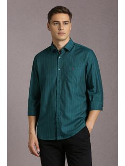 Louis Philippe - Men Cotton Stripes Collar Neck Slim Fit Blue Shirt