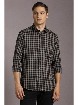 Louis Philippe - Men Cotton Checks Collar Neck Slim Fit Black Shirt