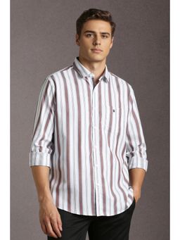 Louis Philippe - Men Cotton Stripes Collar Neck Slim Fit White Shirt