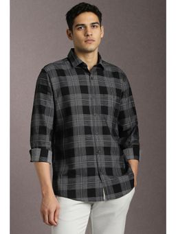 Louis Philippe - Men Cotton Checks Collar Neck Slim Fit Black Shirt