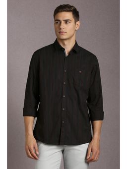 Louis Philippe - Men Cotton Stripes Collar Neck Slim Fit Black Shirt