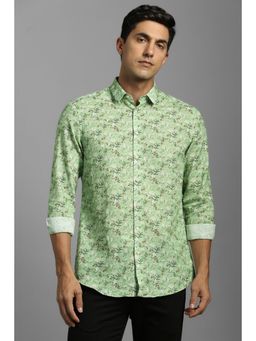 Louis Philippe - Men Cotton Blend Printed Collar Neck Slim Fit Green Shirt