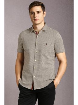 Louis Philippe - Men Cotton Blend Printed Collar Neck Regular Fit Beige Shirt