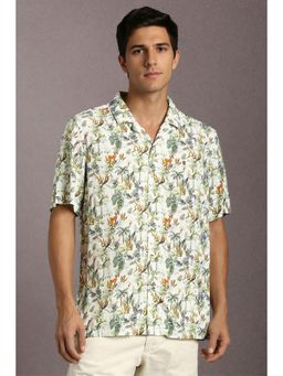 Louis Philippe - Men Rayon Printed Collar Neck Slim Fit White Shirt