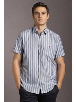 Louis Philippe - Men Cotton Stripes Collar Neck Slim Fit Grey Shirt
