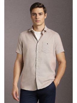 Louis Philippe - Men Cotton Textured Collar Neck Slim Fit Beige Shirt