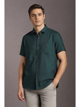 Louis Philippe - Men Cotton Textured Collar Neck Slim Fit Green Shirt