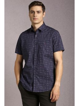 Louis Philippe - Men Cotton Blend Printed Collar Neck Slim Fit Navy Blue Shirt