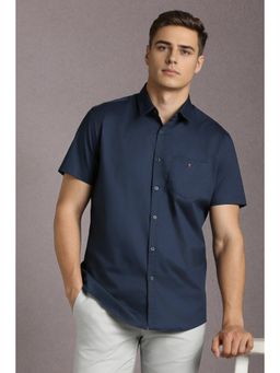 Louis Philippe - Men Cotton Solid Collar Neck Slim Fit Navy Blue Shirt