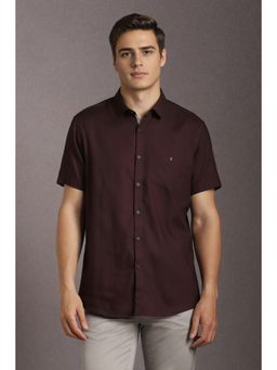 Louis Philippe - Men Cotton Textured Collar Neck Slim Fit Maroon Shirt