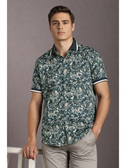Louis Philippe - Men Cotton Printed Collar Neck Slim Fit Green Shirt