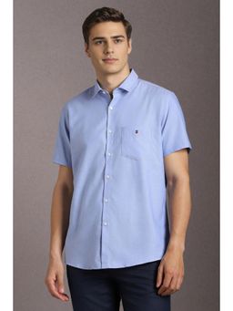 Louis Philippe - Men Cotton Textured Collar Neck Slim Fit Blue Shirt
