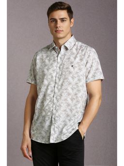 Louis Philippe - Men Cotton Blend Printed Collar Neck Slim Fit White Shirt