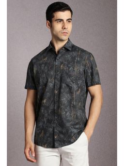 Louis Philippe - Men Cotton Blend Printed Collar Neck Slim Fit Black Shirt