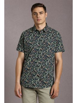 Louis Philippe - Men Cotton Blend Printed Collar Neck Slim Fit Navy Blue Shirt