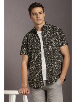 Louis Philippe - Men Cotton Blend Printed Collar Neck Slim Fit Black Shirt