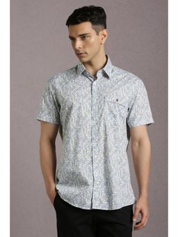 Louis Philippe - Men Cotton Blend Printed Collar Neck Slim Fit White Shirt