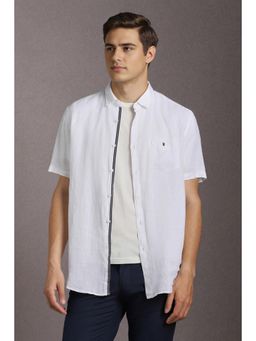 Louis Philippe - Men Linen Textured Collar Neck Slim Fit White Shirt