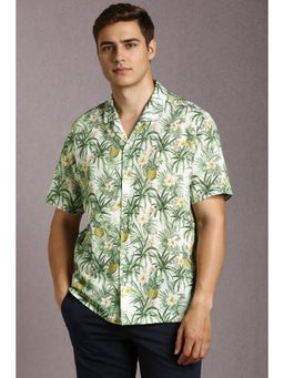 Louis Philippe - Men Cotton Blend Printed Collar Neck Slim Fit Green Shirt