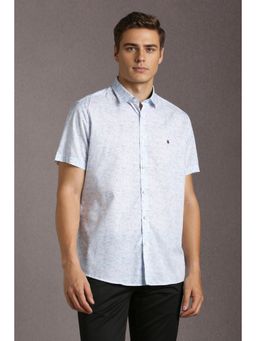 Louis Philippe - Men Cotton Blend Printed Collar Neck Slim Fit Blue Shirt