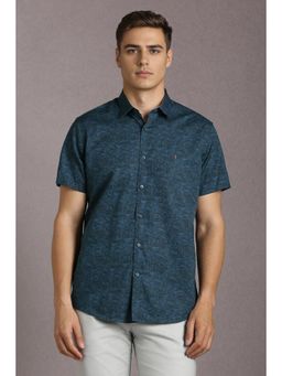 Louis Philippe - Men Cotton Blend Printed Collar Neck Slim Fit Navy Blue Shirt