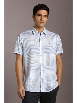 Louis Philippe - Men Cotton Blend Printed Collar Neck Slim Fit White Shirt