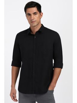 Peter England - Men Cotton Blend Solid Collar Neck Slim Fit Black Shirt