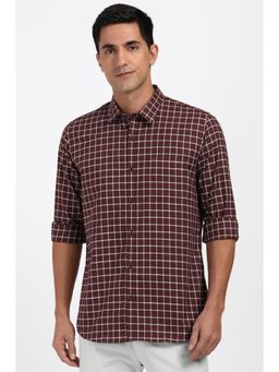 Peter England - Men Cotton Checks Collar Neck Slim Fit Maroon Shirt