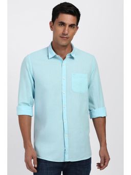 Peter England - Men Cotton Blend Solid Collar Neck Slim Fit Blue Shirt
