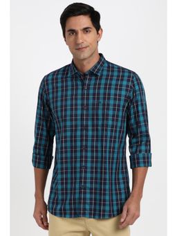 Peter England - Men Cotton Checks Collar Neck Slim Fit Blue Shirt