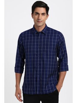 Peter England - Men Cotton Checks Collar Neck Slim Fit Navy Blue Shirt