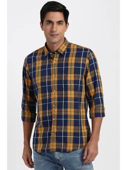 Peter England - Men Cotton Checks Collar Neck Slim Fit Navy Blue Shirt