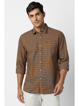 Peter England - Men Cotton Checks Collar Neck Slim Fit Brown Shirt