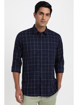 Peter England - Men Cotton Checks Collar Neck Slim Fit Navy Blue Shirt