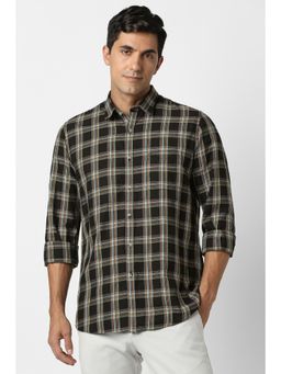 Peter England - Men Cotton Checks Collar Neck Slim Fit Black Shirt