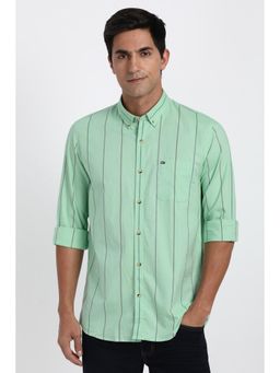 Peter England - Men Cotton Stripes Collar Neck Slim Fit Green Shirt