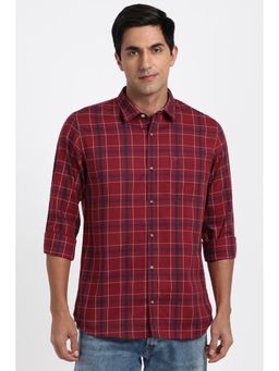 Peter England - Men Cotton Checks Collar Neck Slim Fit Red Shirt