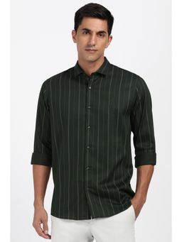 Peter England - Men Cotton Stripes Collar Neck Slim Fit Green Shirt