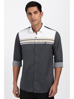 Peter England - Men Cotton Stripes Collar Neck Slim Fit Grey Shirt