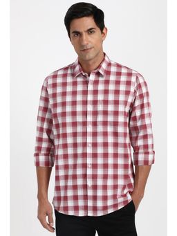 Peter England - Men Cotton Blend Checks Collar Neck Slim Fit Red Shirt