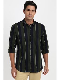 Peter England - Men Cotton Stripes Collar Neck Slim Fit Green Shirt