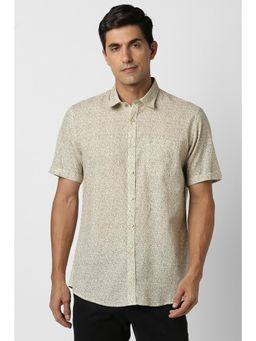 Peter England - Men Cotton Printed Collar Neck Slim Fit Beige Shirt