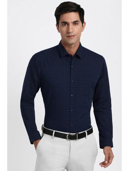 Peter England - Men Cotton Blend Textured Collar Neck Regular Fit Navy Blue Shirt