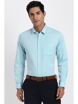 Peter England - Men Cotton Blend Textured Collar Neck Slim Fit Blue Shirt