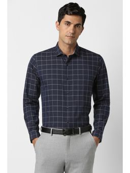 Peter England - Men Cotton Blend Checks Collar Neck Slim Fit Navy Blue Shirt