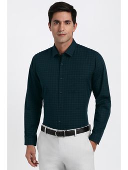 Peter England - Men Cotton Blend Checks Collar Neck Slim Fit Green Shirt